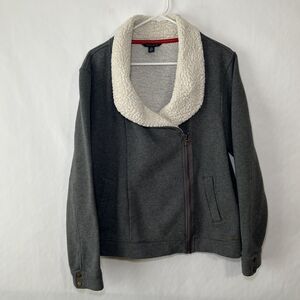 Tommy Hilfiger Full Zip Sweater Jacket Womens XL Gray Fleece Lined Sherpa Collar